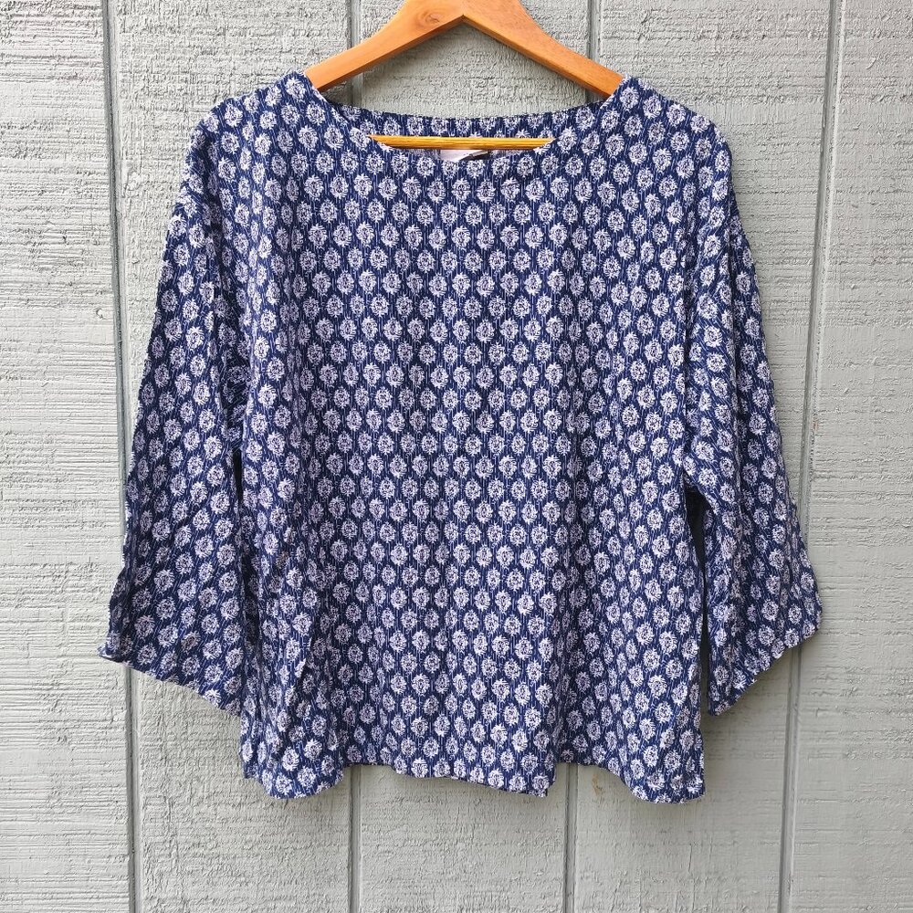J Jill PureJill Cotton Textured Printed Boxy Tee sz MP Blue White Boho Lagenlook